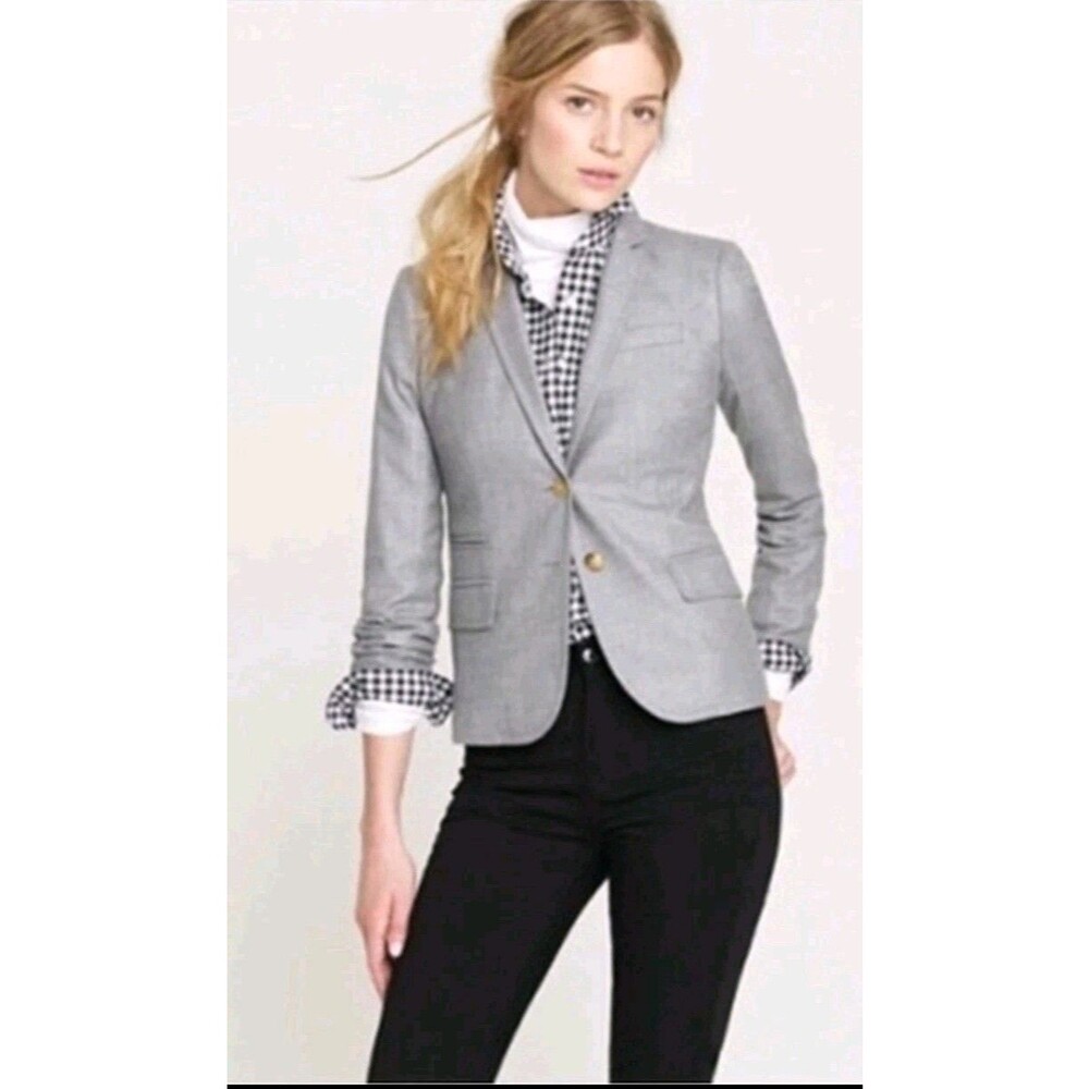 J Crew Keating Schoolboy Blazer Gray Wool Gold Crest Button Jacket Womens Size 8